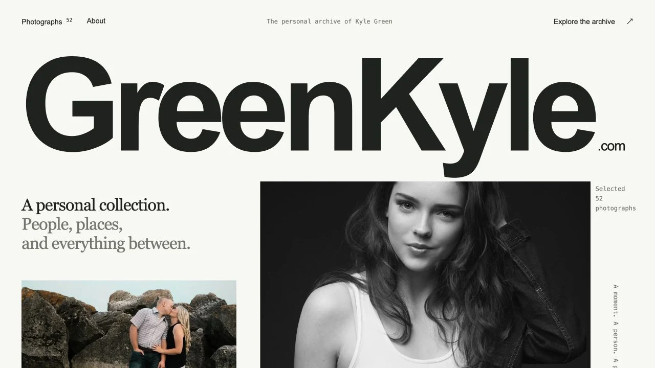 GreenKyle.com homepage with oversized typography and featured photography
