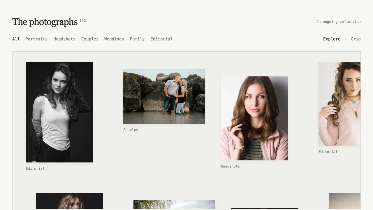 GreenKyle.com photography archive with category filters and an explorable canvas