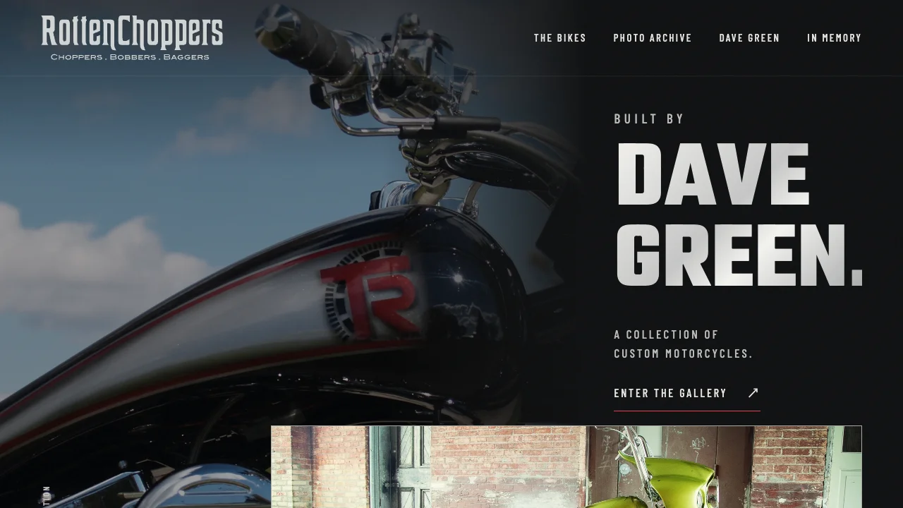 Rotten Choppers homepage featuring a custom motorcycle and bold Dave Green typography