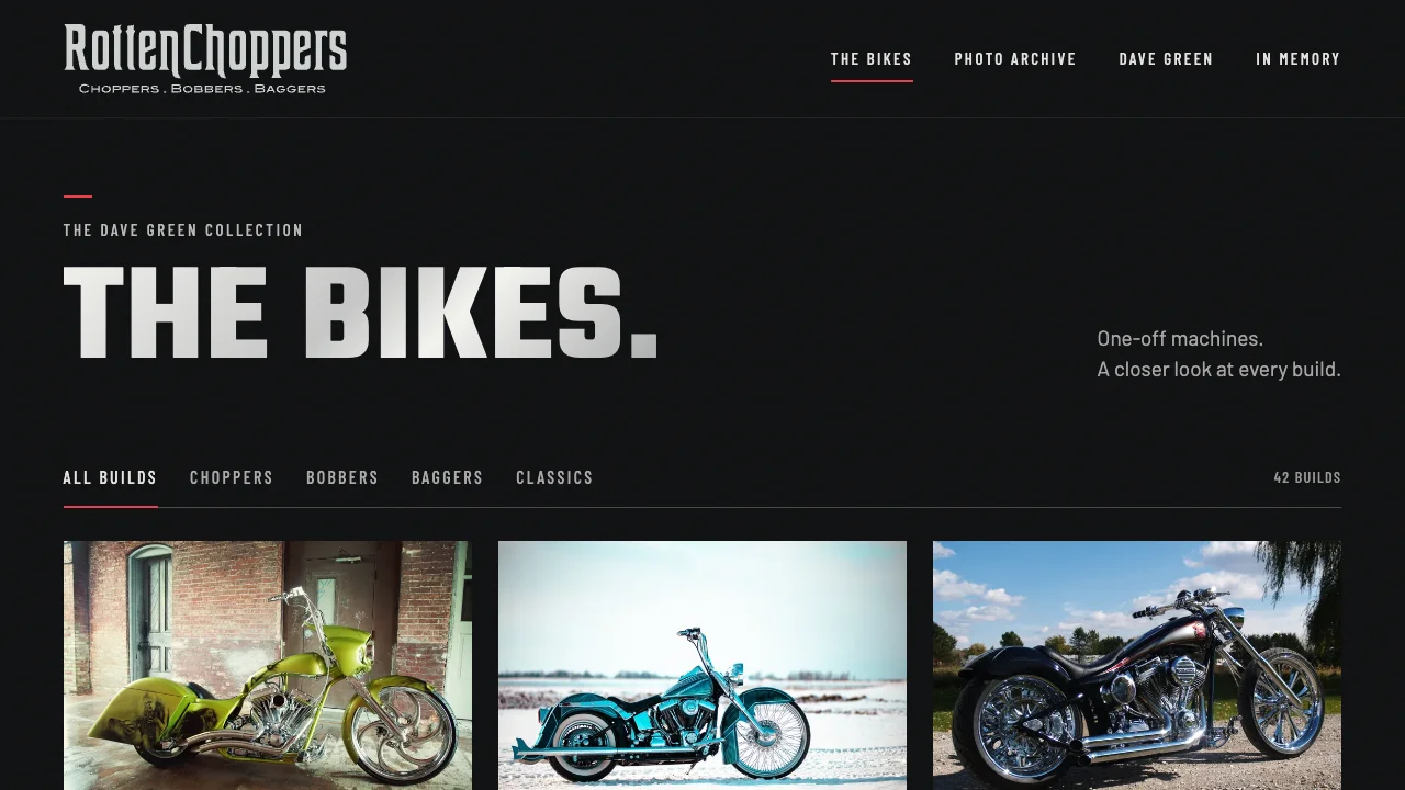 Rotten Choppers motorcycle collection with build filters and photo galleries
