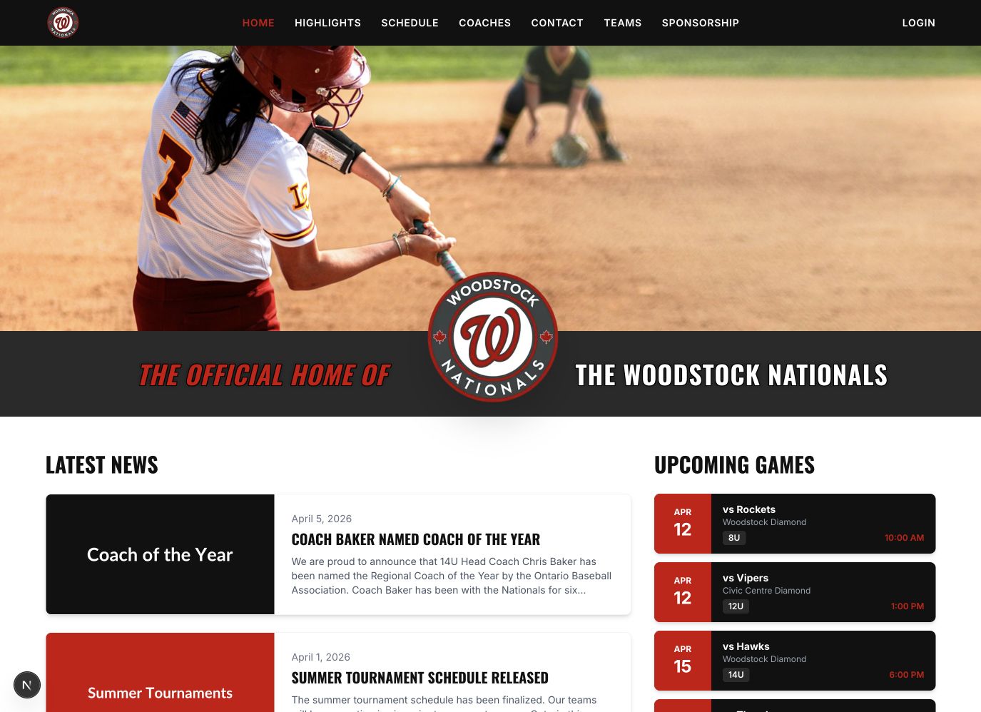 Woodstock Nationals development homepage with baseball imagery, latest news and upcoming games